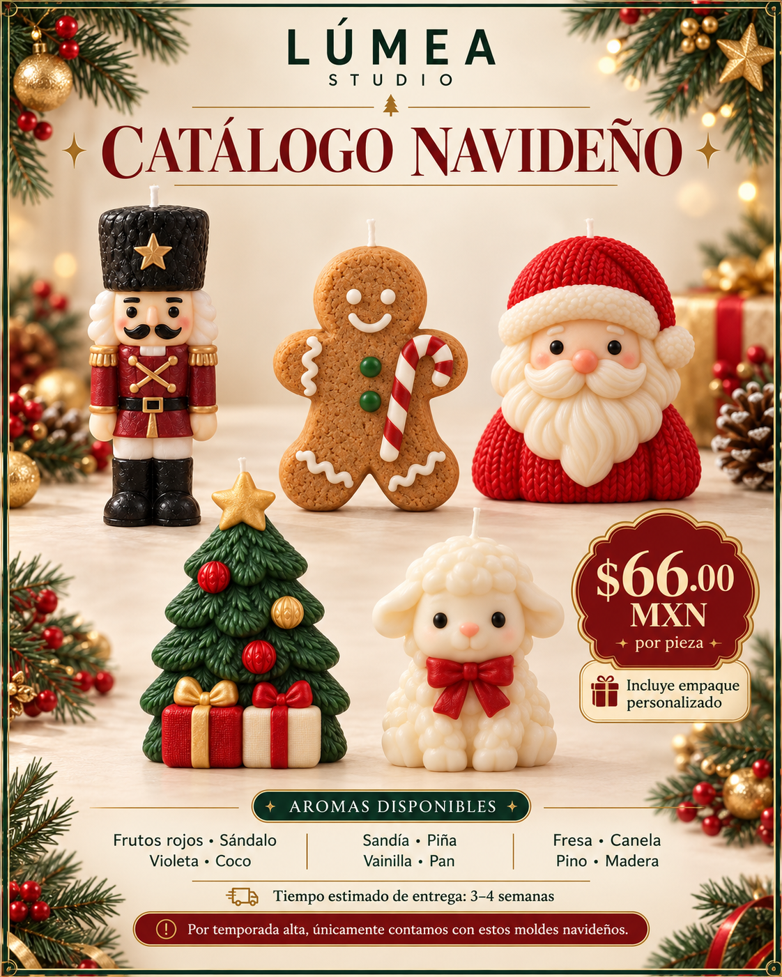 Catálogo de velas navideñas de LÚMEA Studio, colección de $66