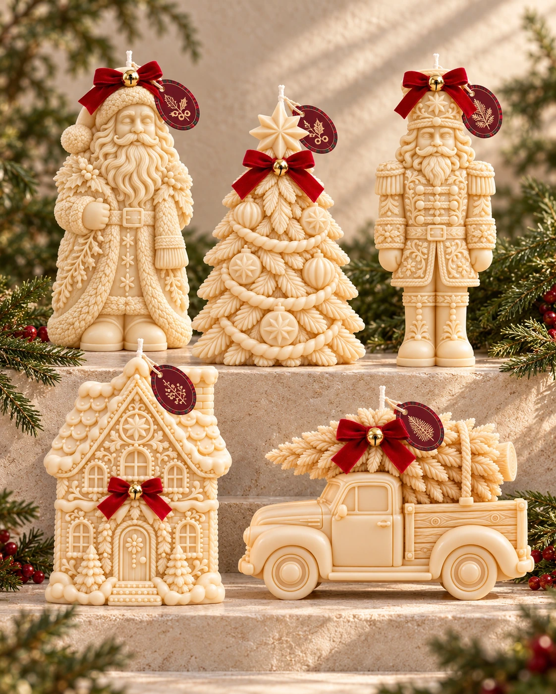 Colección de cinco velas navideñas de cera marfil con moños rojos: Santa, árbol, cascanueces, casa y camioneta